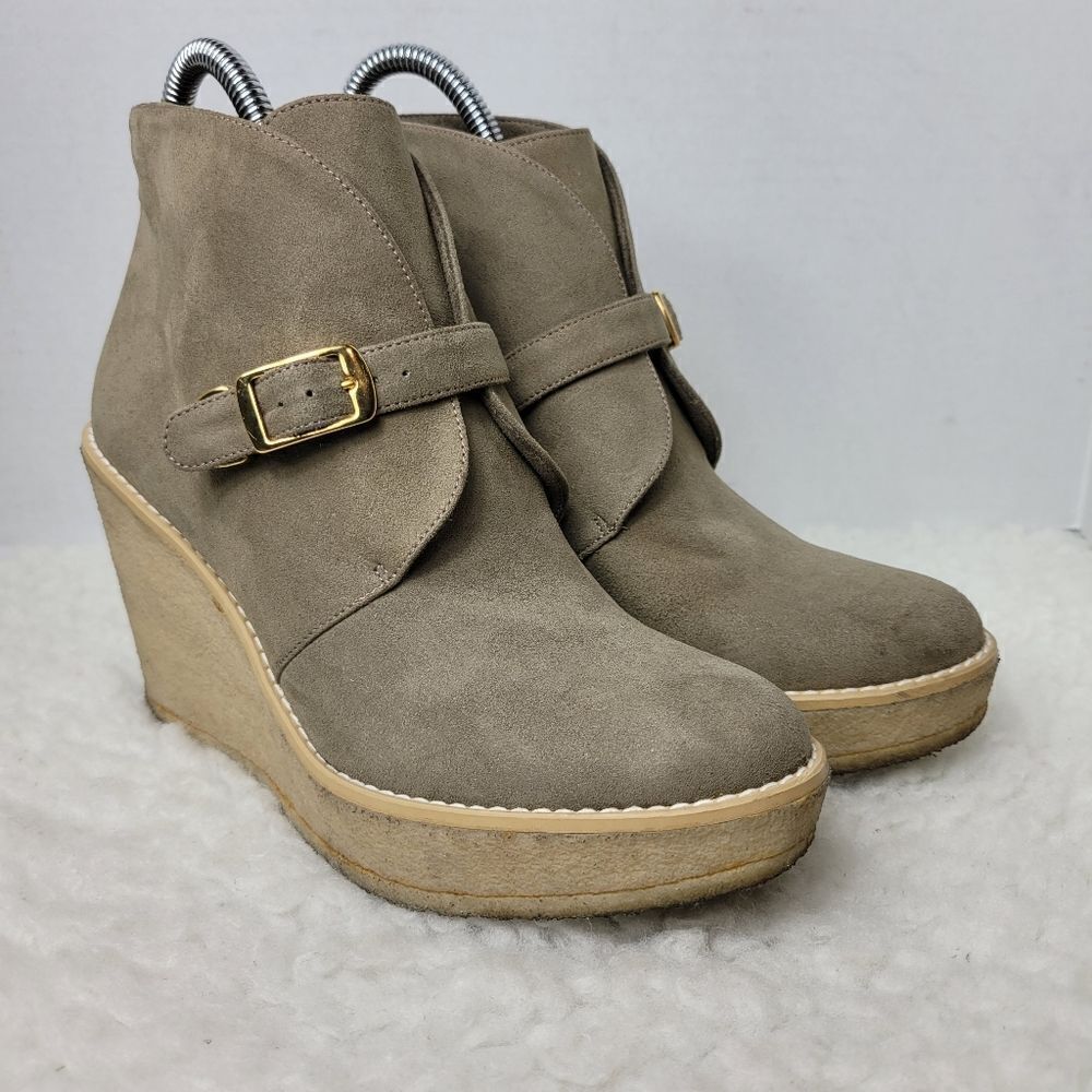 STELLA McCARTNEY Womens Size 8.5 Ankle Boots Tan Suede Buckle Gum Wedge